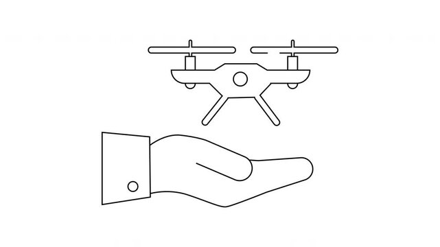 A hand in a suit holds a drone in an outlined illustration on a white background