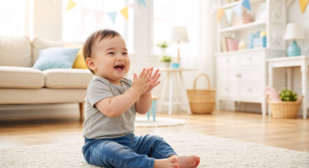 Fototapeta premium A happy baby boy smiling and clapping his hands while sitting on a rug. Cute infant playing in a bright living room at home. Childhood development and joy concept