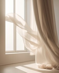 Minimal interior window scene with sheer curtain in cloud dancer style warm neutral tones.