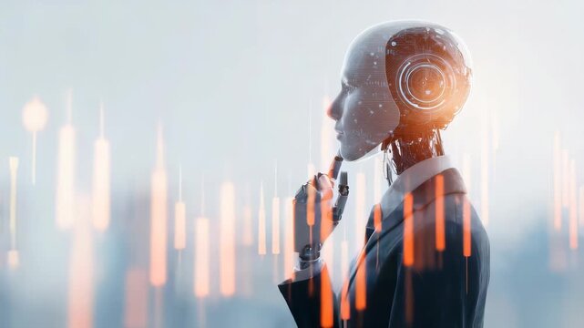 A thoughtful humanoid robot in a suit symbolizes the integration of artificial intelligence into business strategy. Futuristic digital graphics highlight innovation and technological advancement