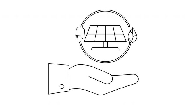 A hand holds a solar panel inside a circular arrow with a plug and a leaf symbolising green energy