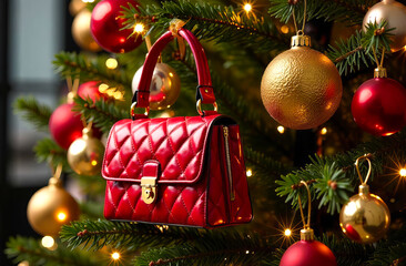 A red quilted glitter handbag hangs elegantly on a Christmas tree decorated with gold and red Christmas tree ornaments, creating a festive and luxurious holiday atmosphere for the boutique.