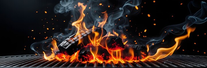 Campfire with flames and sparks creating dramatic lighting in a dark outdoor setting