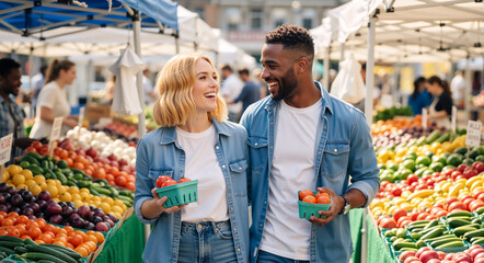 Happy interracial couple shopping for fresh produce at a farmers' market. Smiling young man and woman buying healthy vegetables together outdoors