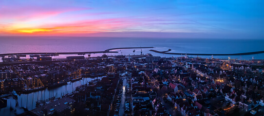 Aerial sunset panorama from the city Harlingen at christmas time in Netherlands