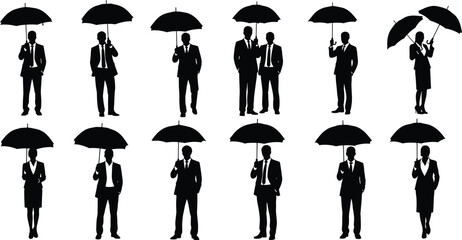 Set of black vector silhouettes of business men and women wearing suits and holding umbrellas isolated on white background. © Md