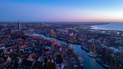 Aerial sunset panorama from the city Harlingen at christmas time in Netherlands