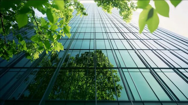 Reflections of green trees on the glass facade of modern skyscrapers in a city skyline, showcasing an urban jungle where nature and architecture coexist.