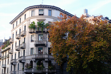 Old residential building along Via Guerrazzi in Milan, Italy