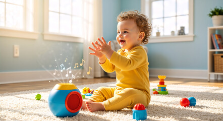 A happy toddler playing with a musical toy in a sunlit room. Cute baby boy clapping hands and listening to a song at home. Early childhood development and learning through play