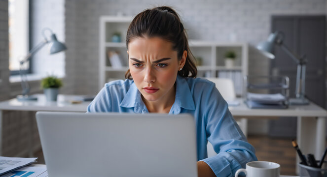 Stressed businesswoman looking at laptop screen with a confused expression. Frustrated female employee working on a difficult problem in the office