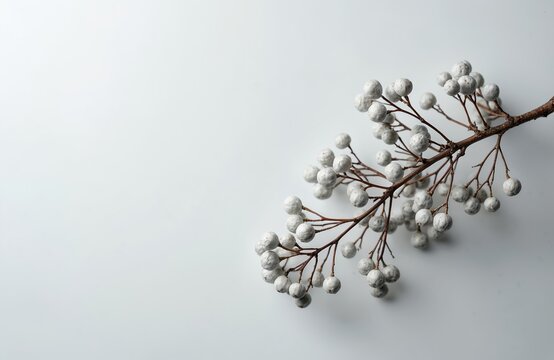 Close up of Brunia albiflora branch with white berries on light background. Plant stem, round seed pods detail focused. Natural decorative element for seasonal design winter holiday theme. Empty