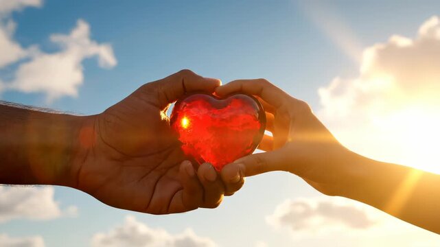 Hands hold red heart glass against sky with clouds. Couple shares heart together in romantic gesture. Love shown through hands holding heart. Sky frames romantic heart held by couple hands.
