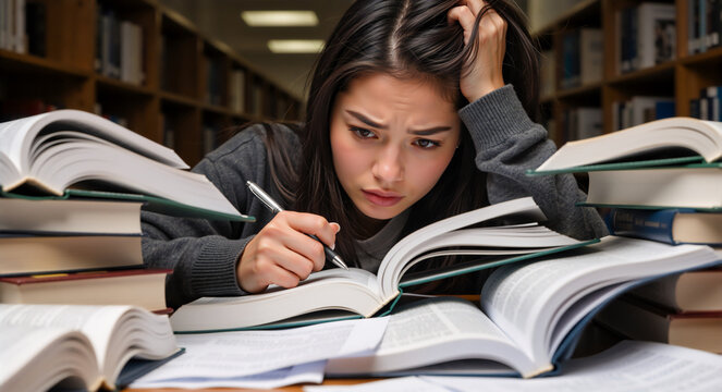 Stressed female student overwhelmed with books in a library. Young woman studying hard for a difficult university exam. Academic pressure and education concept
