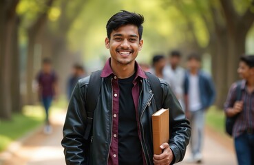 Young Indian man with backpack holds book walking at college campus. Students pass by on tree lined path. He smiles happily, looking ahead. Education, youth, and learning.