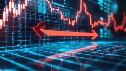 Red light shining on futuristic digital data board with holographic graphs and charts. - Powered by Adobe