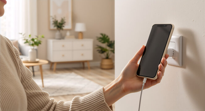 Woman's hand holding a smartphone plugged into a wall socket. Charging a mobile device in a modern home interior