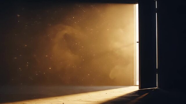 A cinematic shot captures a slightly ajar door, revealing a brilliant, golden light pouring into an otherwise dark and mysterious interior space. Dust motes dance dynamically within the illuminated sh