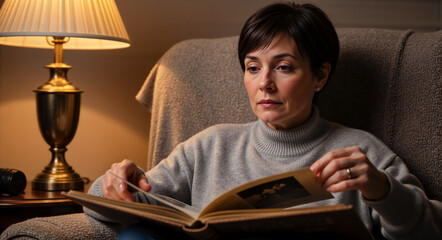 Naklejka premium A woman looks through a photo album while sitting in a cozy armchair at home. Middle-aged person reminiscing over past memories and photographs with a thoughtful expression