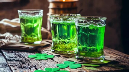 Irish-themed beverage with bubbles, set against dark background.