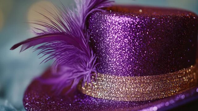 A festive top hat with a glittery purple base and accented gold trim.