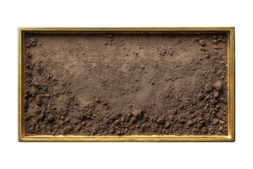 rectangular clay plaque with matte earthy texture and gold frame isolated on white background top view