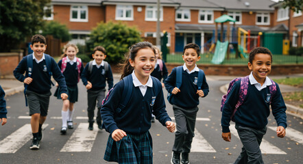 Happy diverse school children in uniforms running across a crosswalk. Group of elementary students with backpacks going back to school