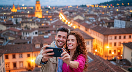 A happy couple takes a selfie with a smartphone overlooking Florence, Italy at dusk. Smiling tourists on a romantic vacation capturing a memory of the cityscape