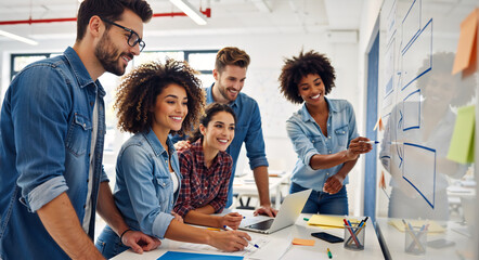 Diverse team of professionals collaborating in a modern office. Colleagues brainstorming and planning a project on a whiteboard