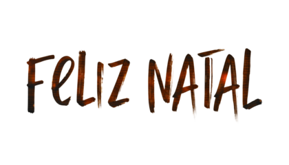 Feliz Natal, Merry Christmas in Portuguese, handwritten on a sand texture with warm bokeh lights. Summer holiday concept for tropical celebration, isolated on a transparent background for design.