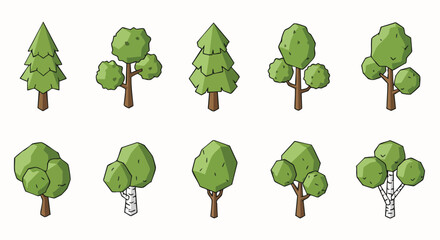 Isometric low poly trees vector game asset collection nature environment cartoon graphic minimal green foliage forest element illustration design