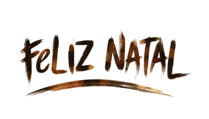 Feliz Natal, Merry Christmas in Portuguese. Calligraphy brush script on vintage textured paper with glowing bokeh lights. Holiday celebration message for posters. Isolated with transparent background