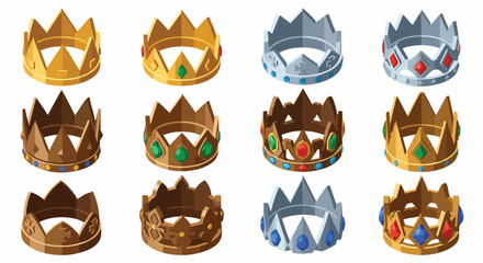 Isometric royal crowns set gold silver bronze gemstones patterns King Queen Royalty Game Asset Vector Icon Empire