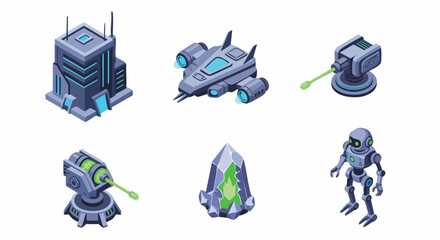 Isometric futuristic sci-fi game assets vector collection spaceship robot turret crystal building laser blue gray