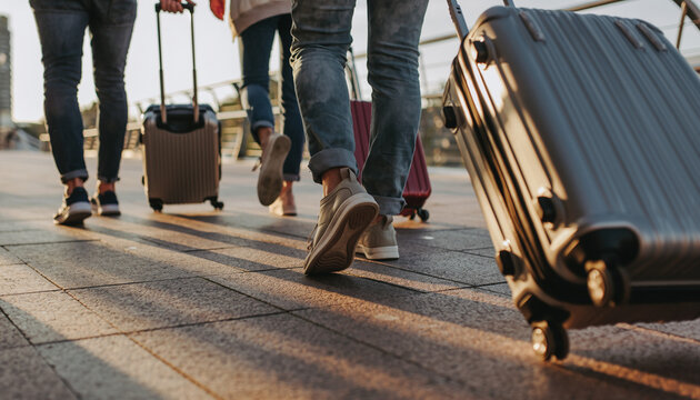 People walking with luggage on a sunny day.