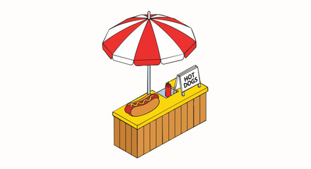 Isometric cartoon hot dog stand with red umbrella food cart vendor fastfood ketchup vector