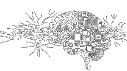Contrasting brain illustration showcasing human versus artificial intelligence in monochromatic