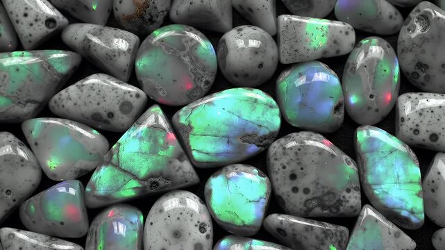A close-up collection of smooth gray pebbles with iridescent green and blue patches