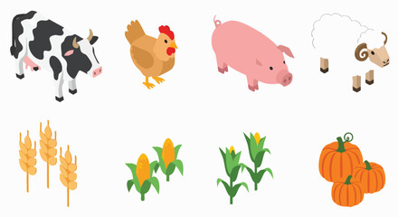 Isometric farm animals and crops vector art collection Farm Livestock Agriculture Harvest Cartoon Icon Set Flat