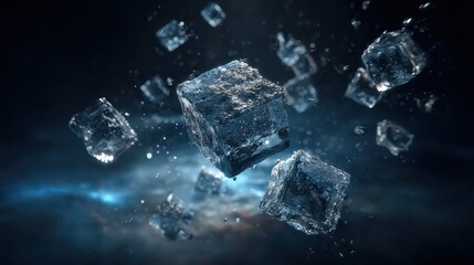 Abstract Crystalline Cubes Floating In Dark Nebula With Blue Light Streaks