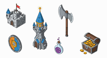 Isometric medieval fantasy game items vector illustration pack Castle Tower Axe Shield Potion Treasure Gold Coin Icons