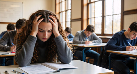 Stressed female student having difficulty with an exam in a classroom. Anxious young woman feeling academic pressure while studying for a test
