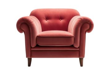 Luxurious coral velvet armchair with tufted back and rolled arms for design on transparent background