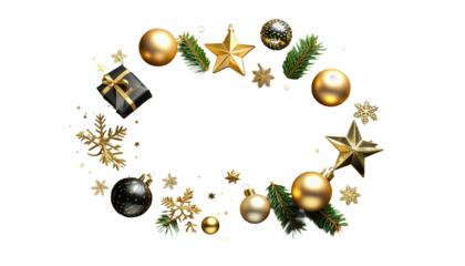 Elegant Christmas frame with gold and black baubles, stars, snowflakes, gift box, and fir branches. Festive holiday decoration wreath for New Year, isolated on a transparent background.