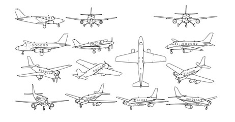 Comprehensive Set of Outline Aircraft Illustrations Showcasing Diverse Aviation Vehicles from Various Perspectives