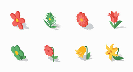 Vibrant Isometric Flower Icons Vector Illustration Spring Garden Bloom Blossom Graphic Asset Red Yellow Green