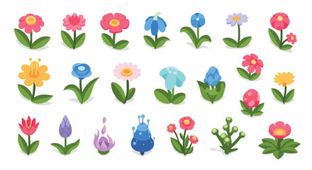 Charming isometric stylized cartoon flowers plants vector game assets Blossom Nature Garden Flora Spring Colorful Set