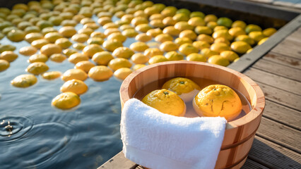 日本の温泉で湯船一面に浮かぶ柚子と手前の木桶に入ったタオルと果実