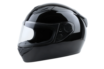Glossy black full face motorcycle helmet with clear visor for safety gear promotion on transparent background