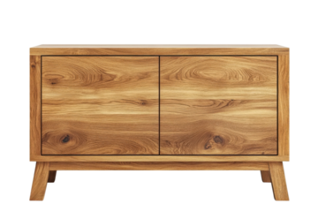 Beautiful solid oak twodoor sideboard cabinet featuring natural wood grain and midcentury modern tapered legs on transparent background